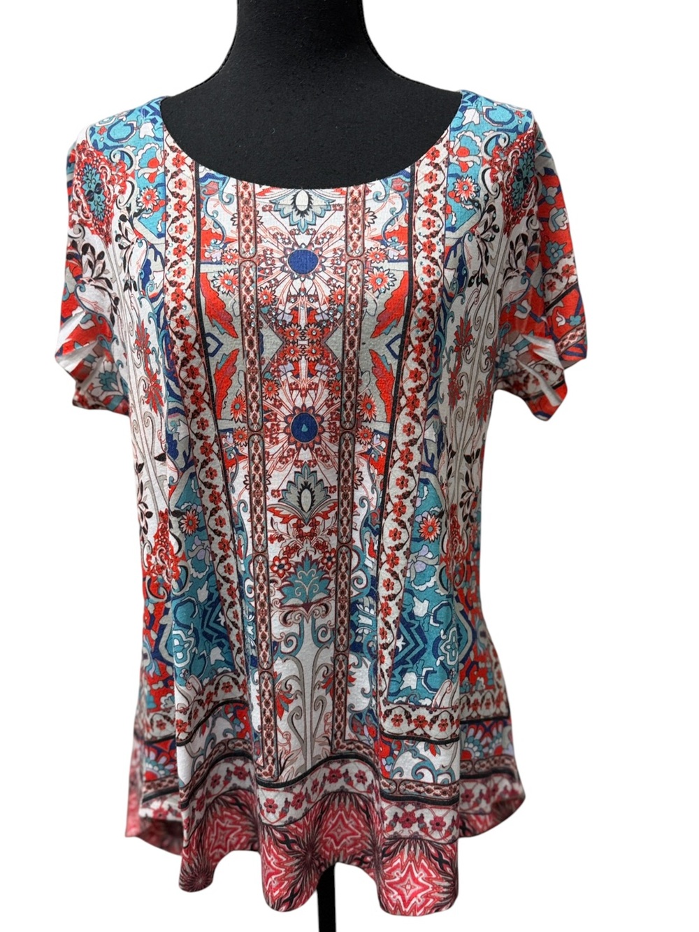 Style & Co Boho Mosaic Tile Tunic Top Flowy Red Blue Teal Size Large